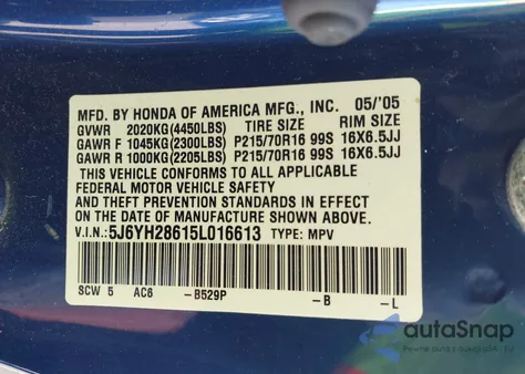 2005 Honda Element Ex из США, поврежденный, VIN 5J6YH28615L016613